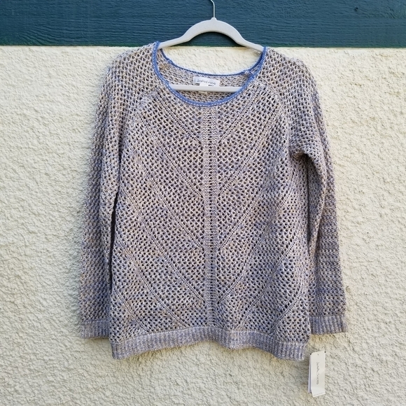 NWT John Paul Richard open stitch sweater rattan beige and dark chambray small - Picture 1 of 6